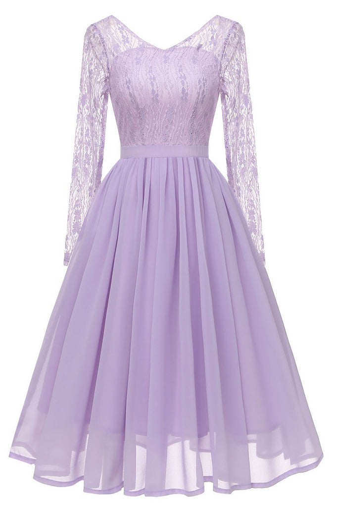 Lavender V-neck Lace A-line Prom Dress ...